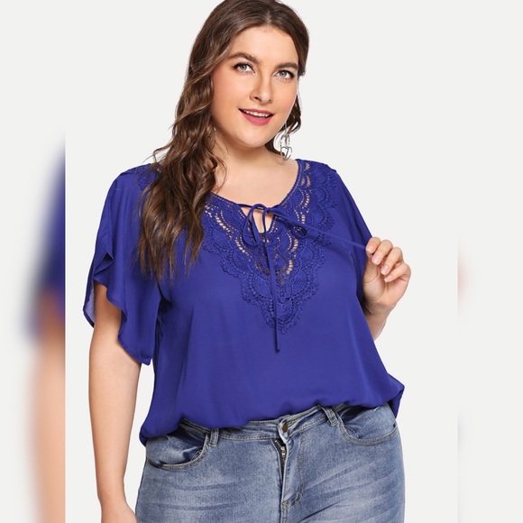 SHEIN Tops - SHEIN Plus Women's Royal Blue Flutter Sleeve Lace Appliqué Tie Neck